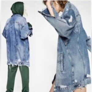 Zara Trafaluc Oversized Long Distressed Denim Jacket, Size M